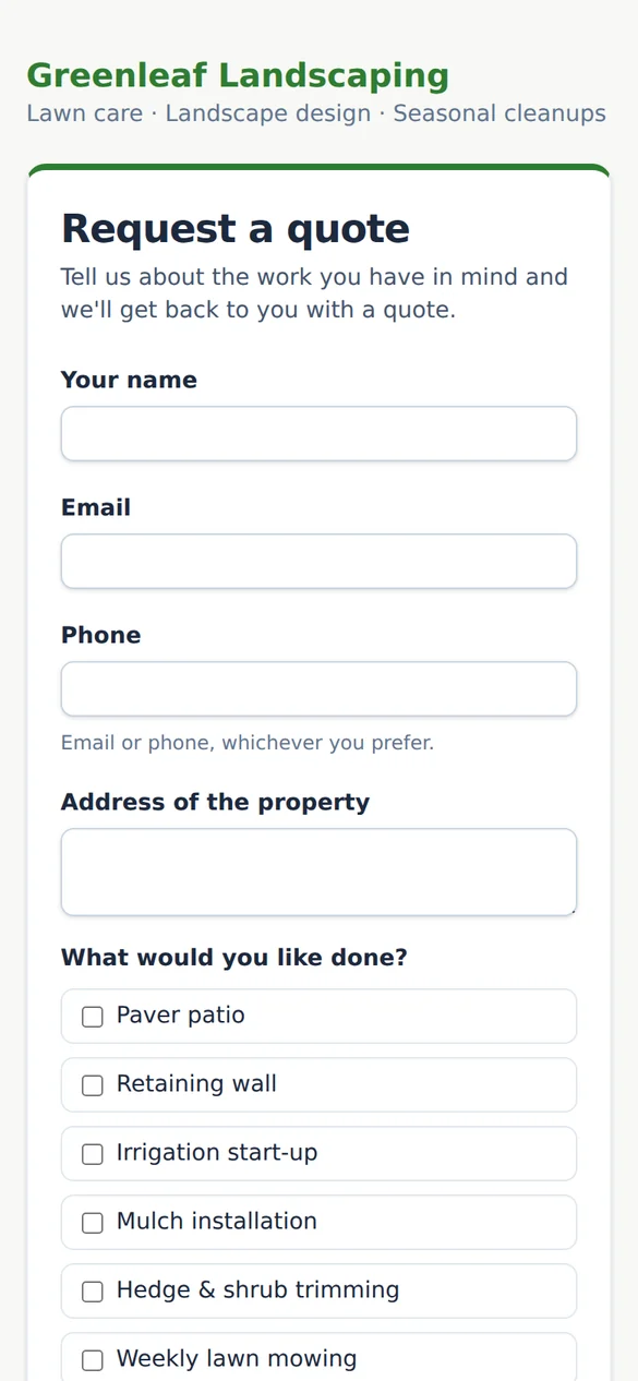 A landscaping company's online quote request form on a phone