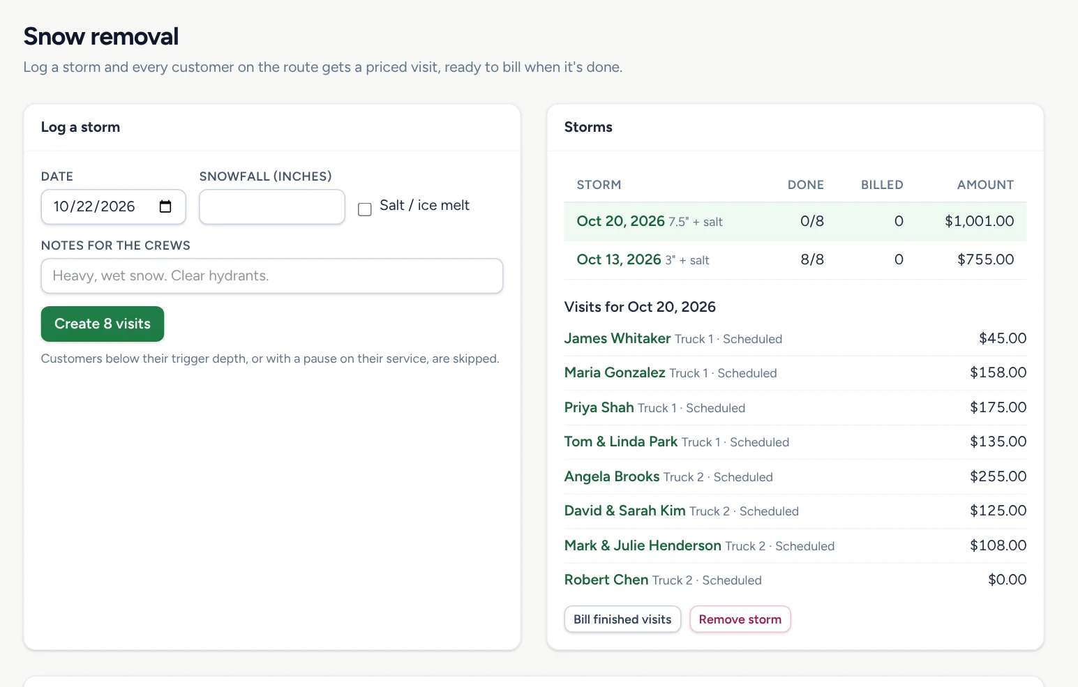 Logging a storm in Perennial CRM: each customer's visit priced for 7.5 inches with salt
