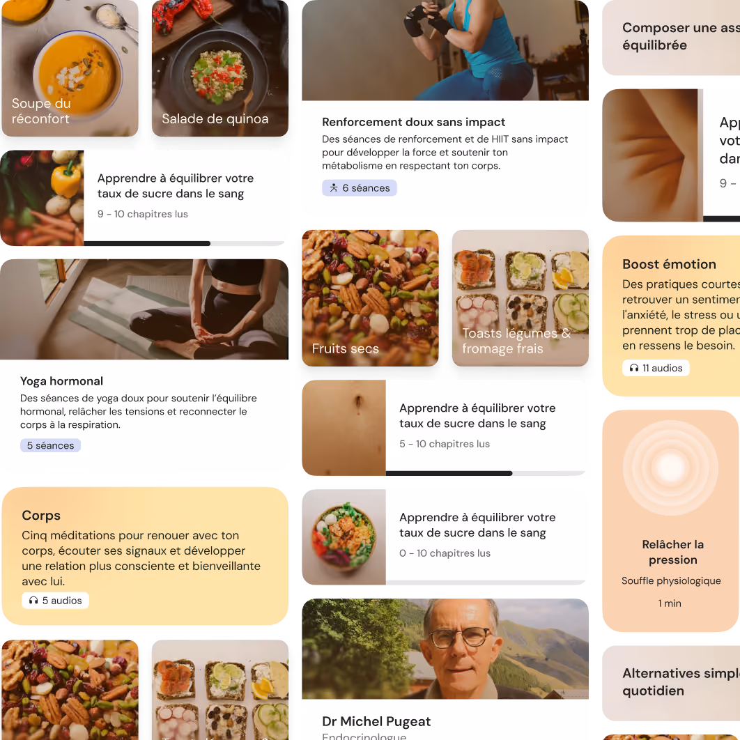 Aperçu des contenus de l'app Solence : recettes, séances de yoga, méditations et vidéos d'experts