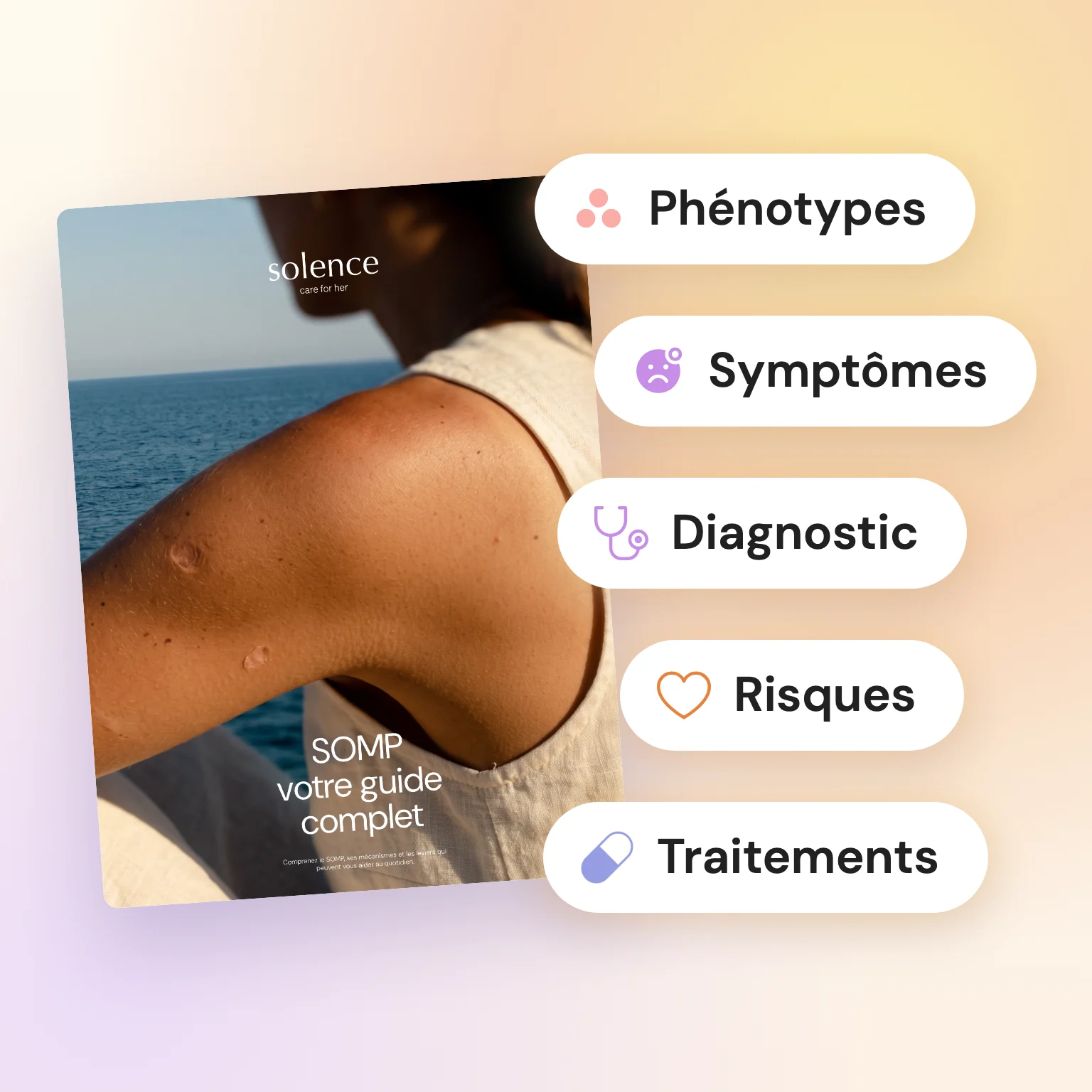 Couverture du guide SOMP et ses grands thèmes : phénotypes, symptômes, diagnostic, risques, traitements