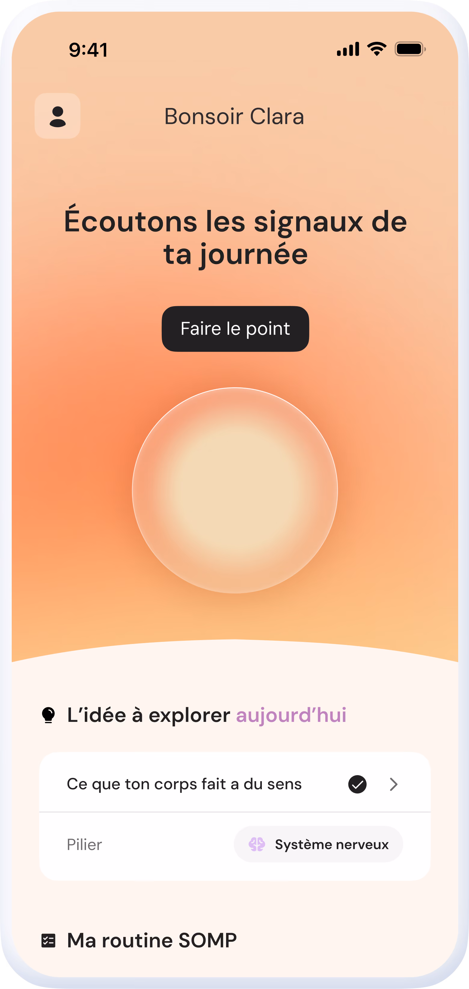 Écran de l'app Solence : le soir, invitation à faire le point sur les signaux de la journée
