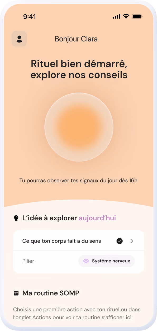 Écran d'accueil de l'app Solence : rituel du jour démarré, avant l'observation du soir