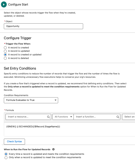 Flow trigger configuration on the Opportunity object.