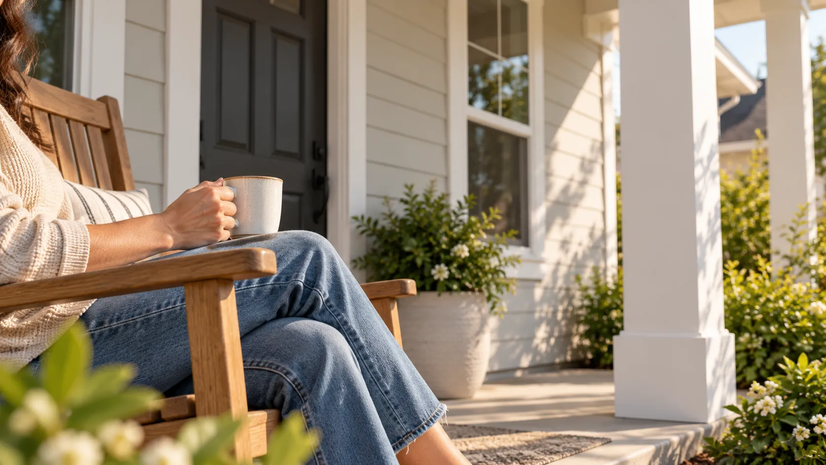 A resident enjoying morning coffee on the front porch of a Live Oak Commons home