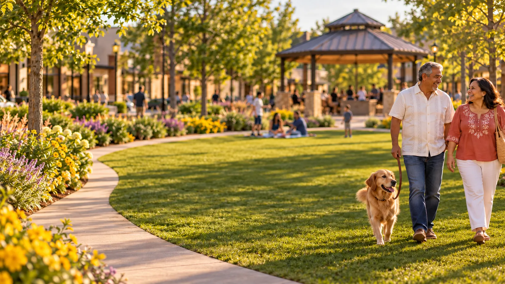 Neighbors walking their dog across the village green