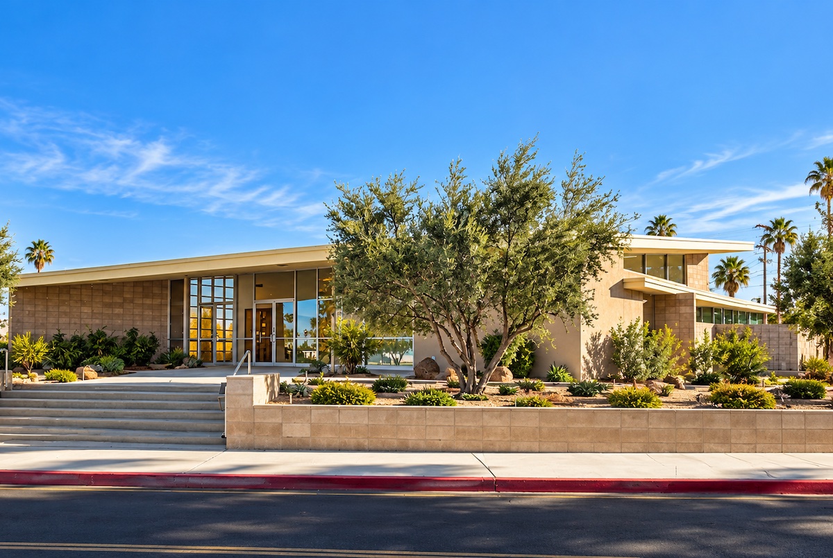 Albert Frey's former First Church of Christ, Scientist in Palm Springs, now the Dezart Playhouse: a low, flat-roofed concrete-block building with tall aluminum-framed glass at the entrance, set behind a desert garden and a low block wall under a blue sky