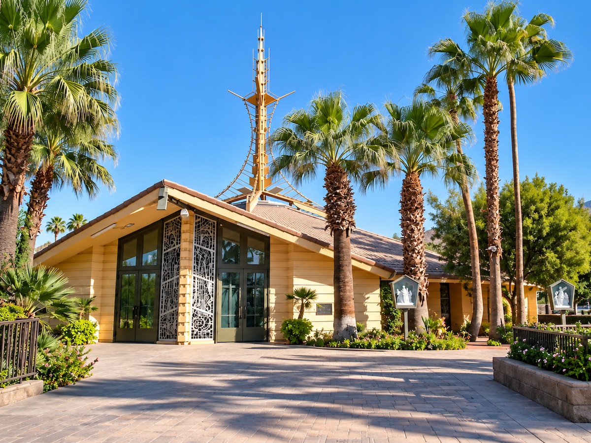 St. Louis Catholic Church in Cathedral City: a low building with a broad sloping roof and a tall, slender openwork steeple rising above the entrance, tall glass doors behind ornamental metal screens, and palm trees all around