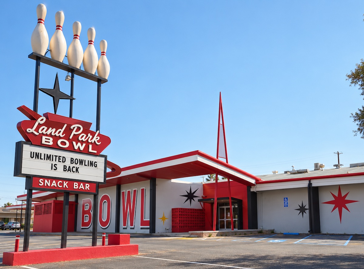 Stylized AI-enhanced rendering of Land Park Bowl, a low white and red bowling alley with starburst decorations and a red spire at the entrance, beside a tall roadside sign topped with five giant bowling pins