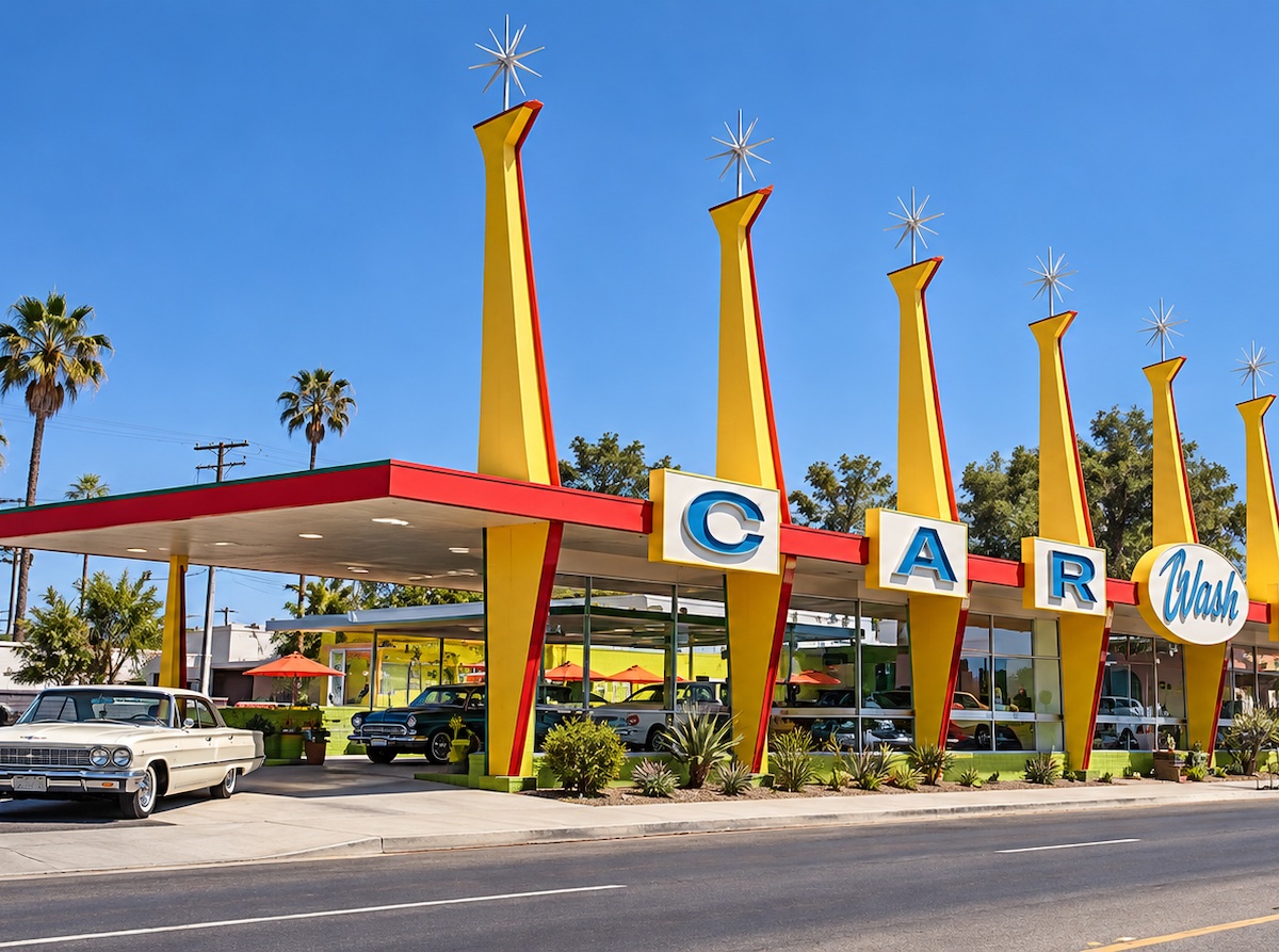 Stylized AI-enhanced rendering of a Googie car wash with a red flat roof and a row of tall yellow tapered pylons topped with starbursts, spelling out CAR WASH, with vintage cars parked in front and palm trees behind