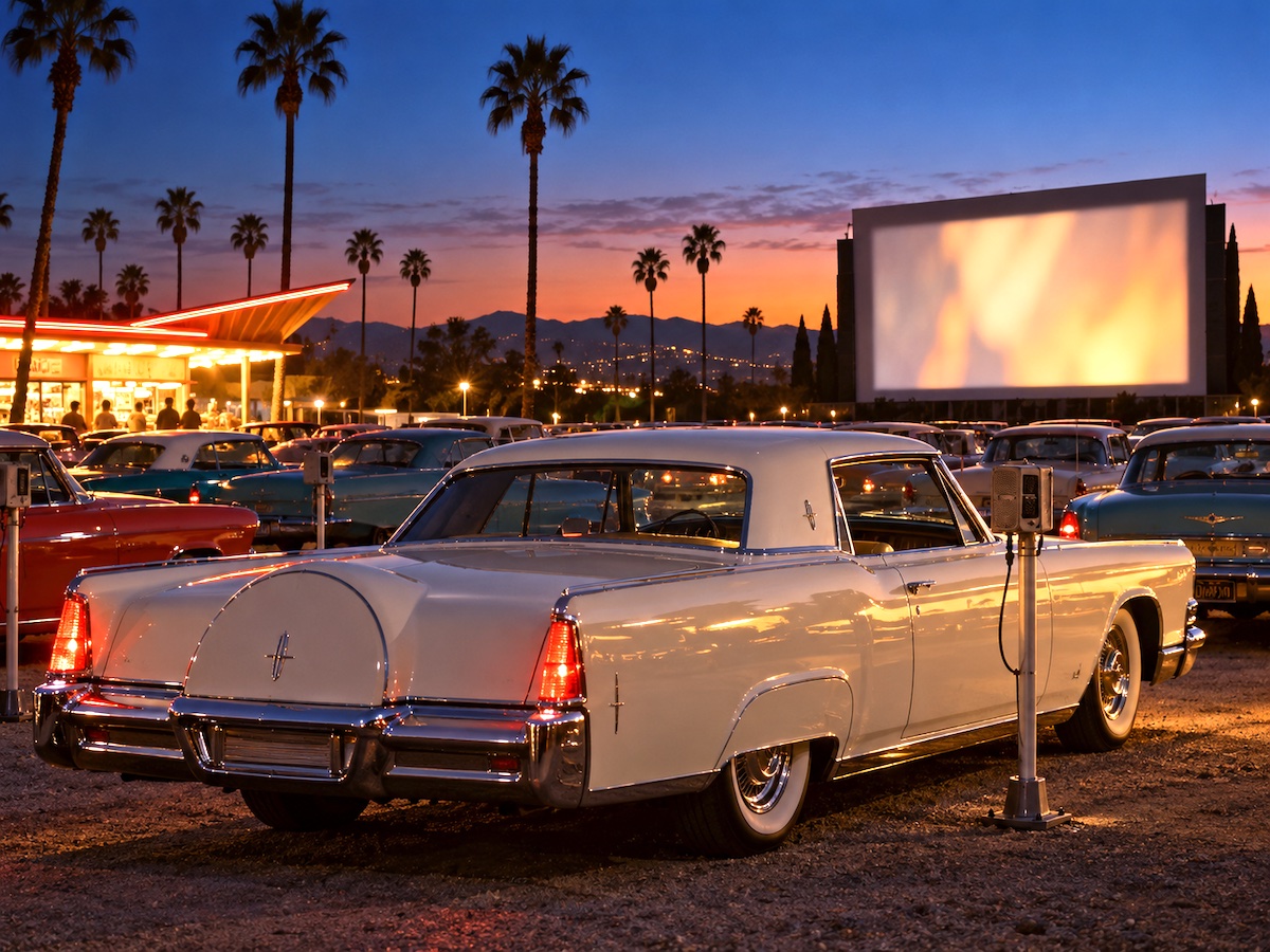 Parked at the speaker post at dusk, with the screen lit and the snack bar open