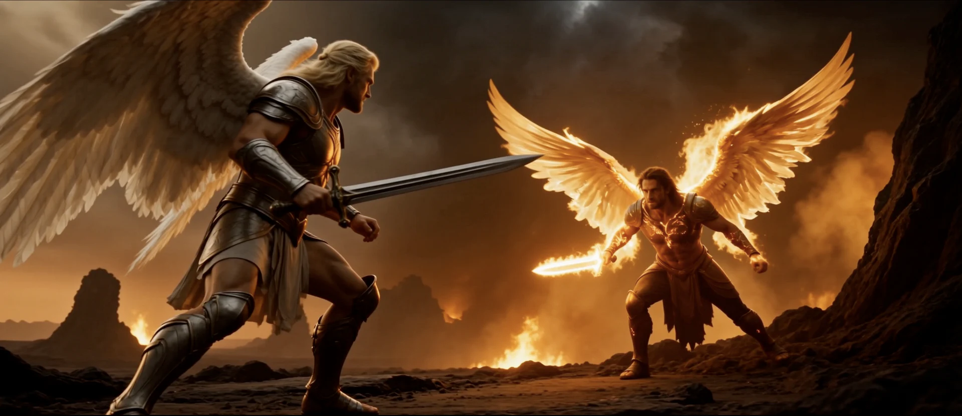 Two winged angels clash with swords on a fiery battlefield