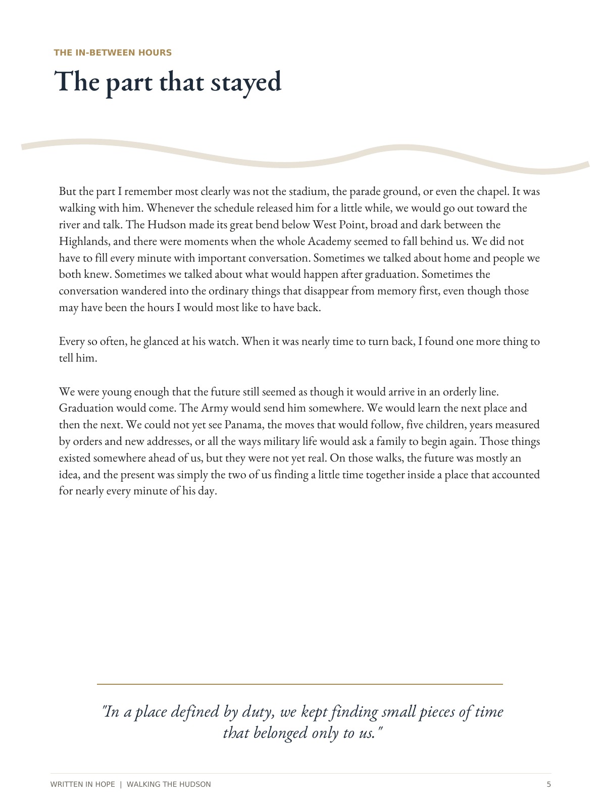 Page 5: The part that stayed, describing Marie and Don’s quiet walks beside the Hudson.
