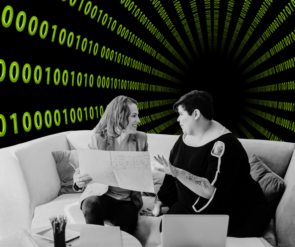 Two women sitting on a couch having a conversation. AI looking background. They are also working with laptops.