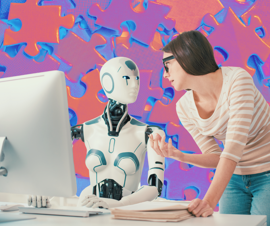 Woman collaborating with humanoid robot at computer against colourful puzzle background.