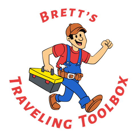 Cartoon of a smiling man wearing a red cap, red shirt, blue overalls, and brown shoes, carrying a yellow and gray toolbox in one hand, with a hammer in his belt, surrounded by the text "BRETT'S TRAVELING TOOLBOX" in red letters.