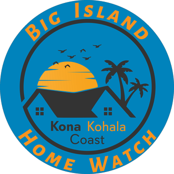 Big Island Home Watch logo: a house at sunset with palm trees, Kona Kohala Coast