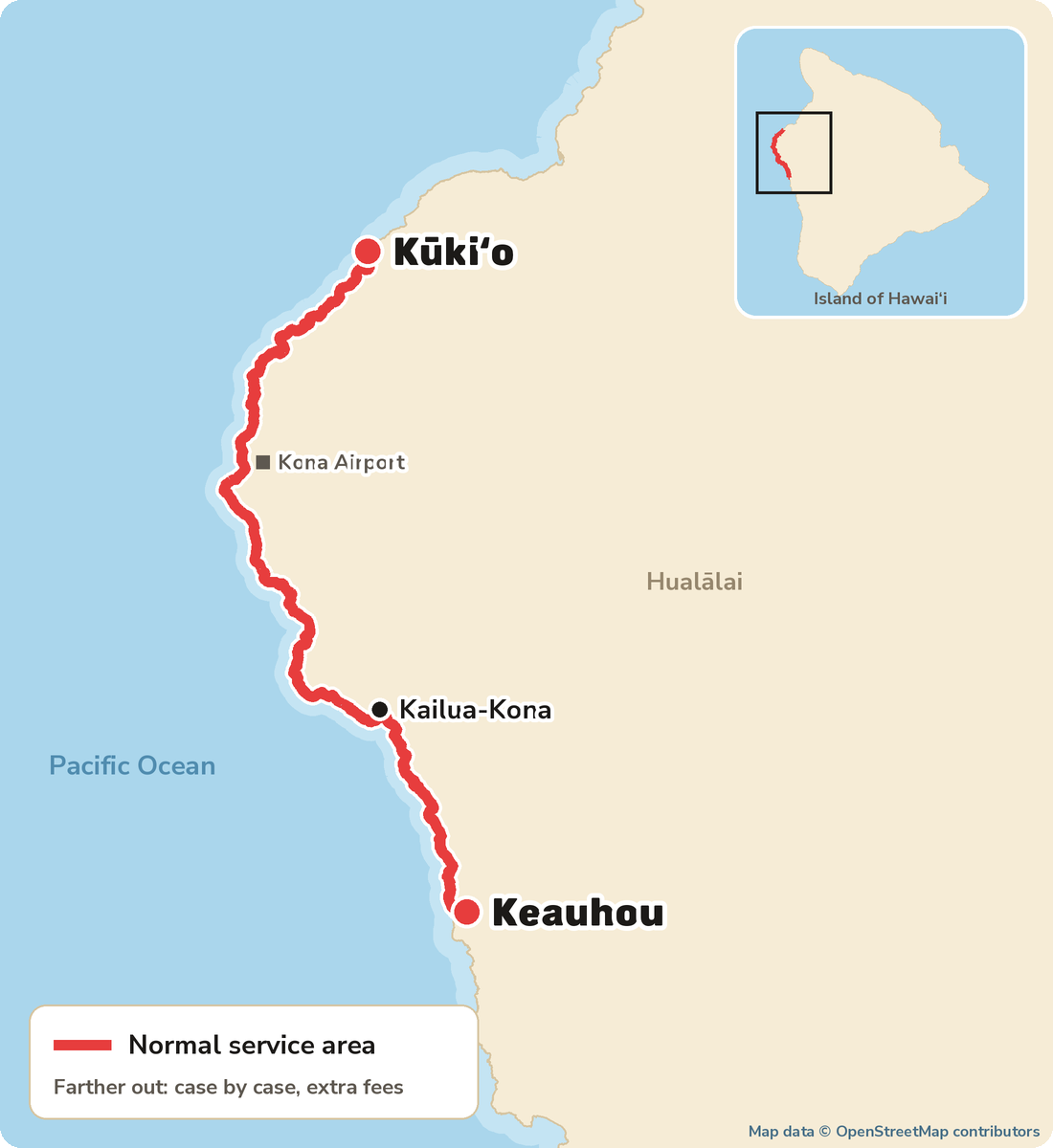 Map of the Kona coast on the Island of Hawaii. A red line marks the normal service area along the coast from Kukio in the north, past Kona Airport and Kailua-Kona, to Keauhou in the south.