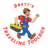 Cartoon man in blue overalls, red shirt, and cap carrying a yellow and grey toolbox, with the text 'Brett's Traveling Toolbox' curved around him in red letters.