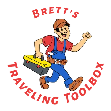Brett's Traveling Toolbox logo: a cartoon handyman in blue overalls carrying a yellow toolbox