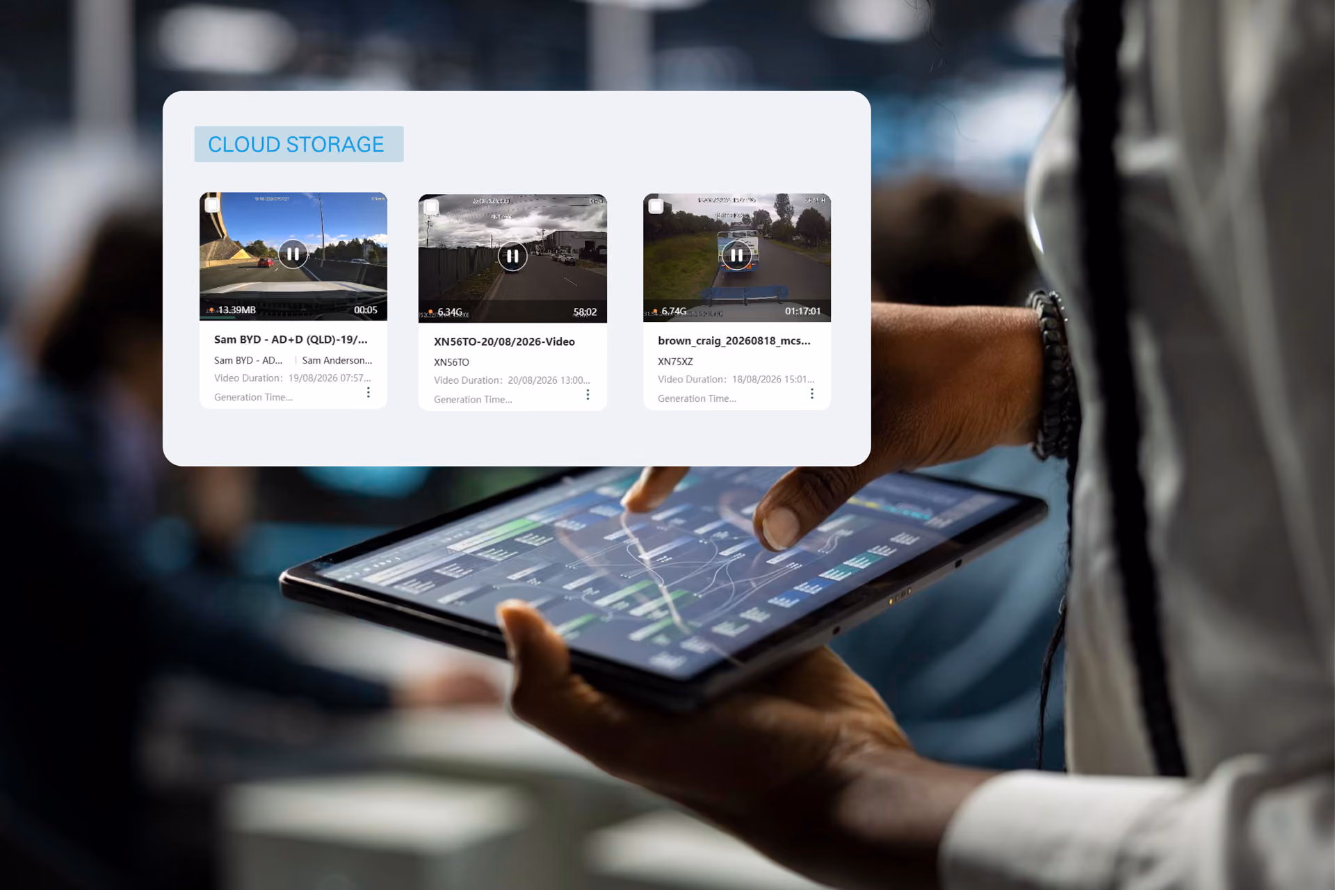 Fleet manager reviewing cloud-stored video evidence on a tablet