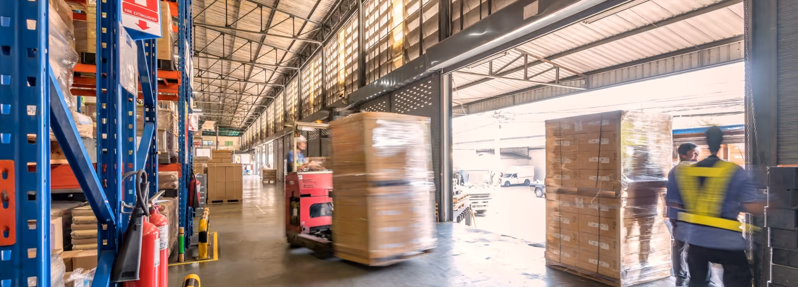 Forklift moving palletised freight inside a warehouse