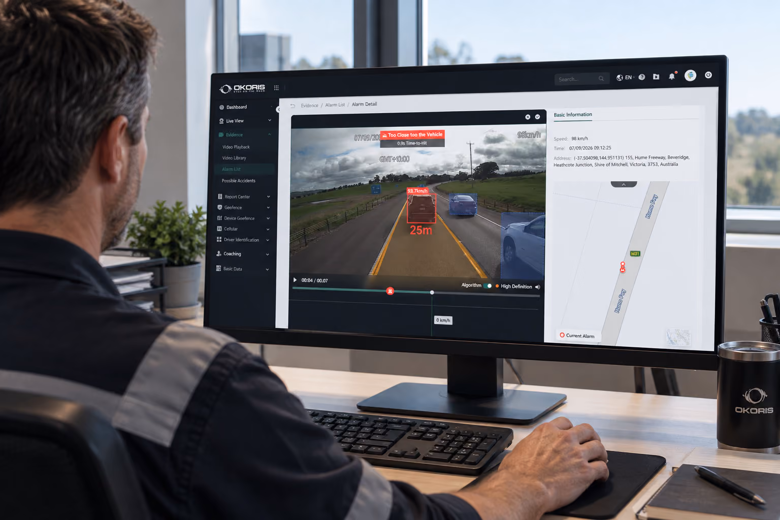 Fleet manager at a monitor reviewing an OKORIS alarm detail screen, with dashcam footage, following-distance detection and the event location on a map