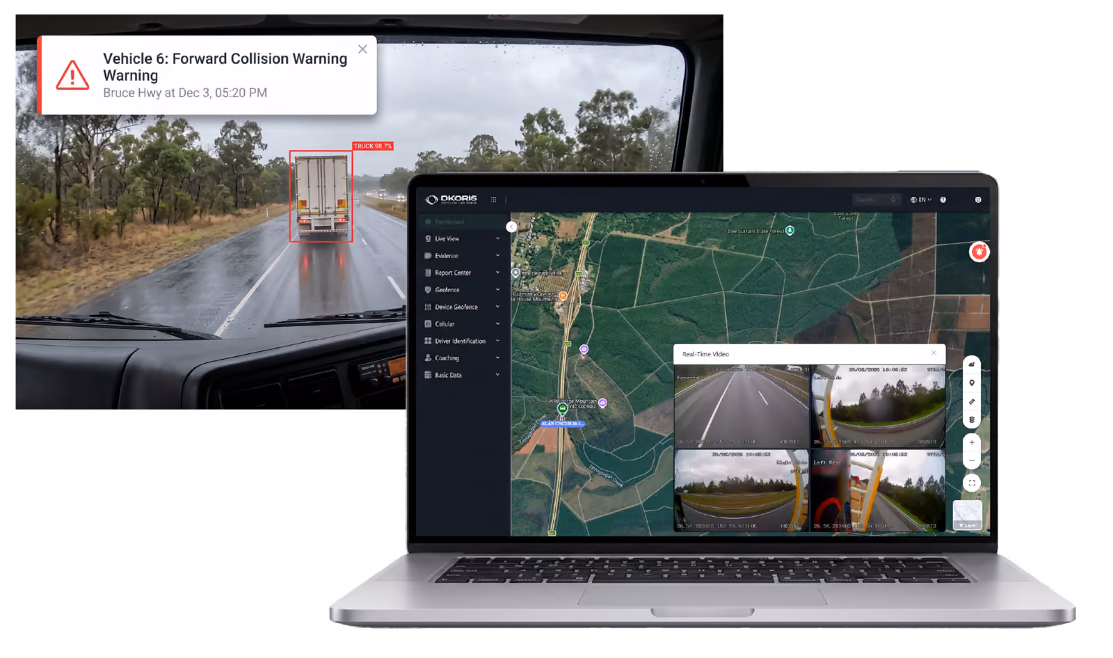Forward-facing camera footage with a collision warning alert, alongside the OKORIS dashboard on a laptop showing live multi-camera video over a map