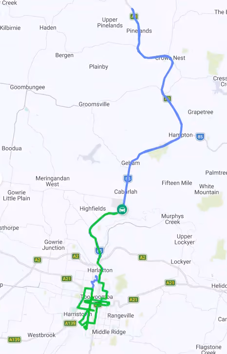 Map showing a vehicle's tracked route between Toowoomba and Pinelands