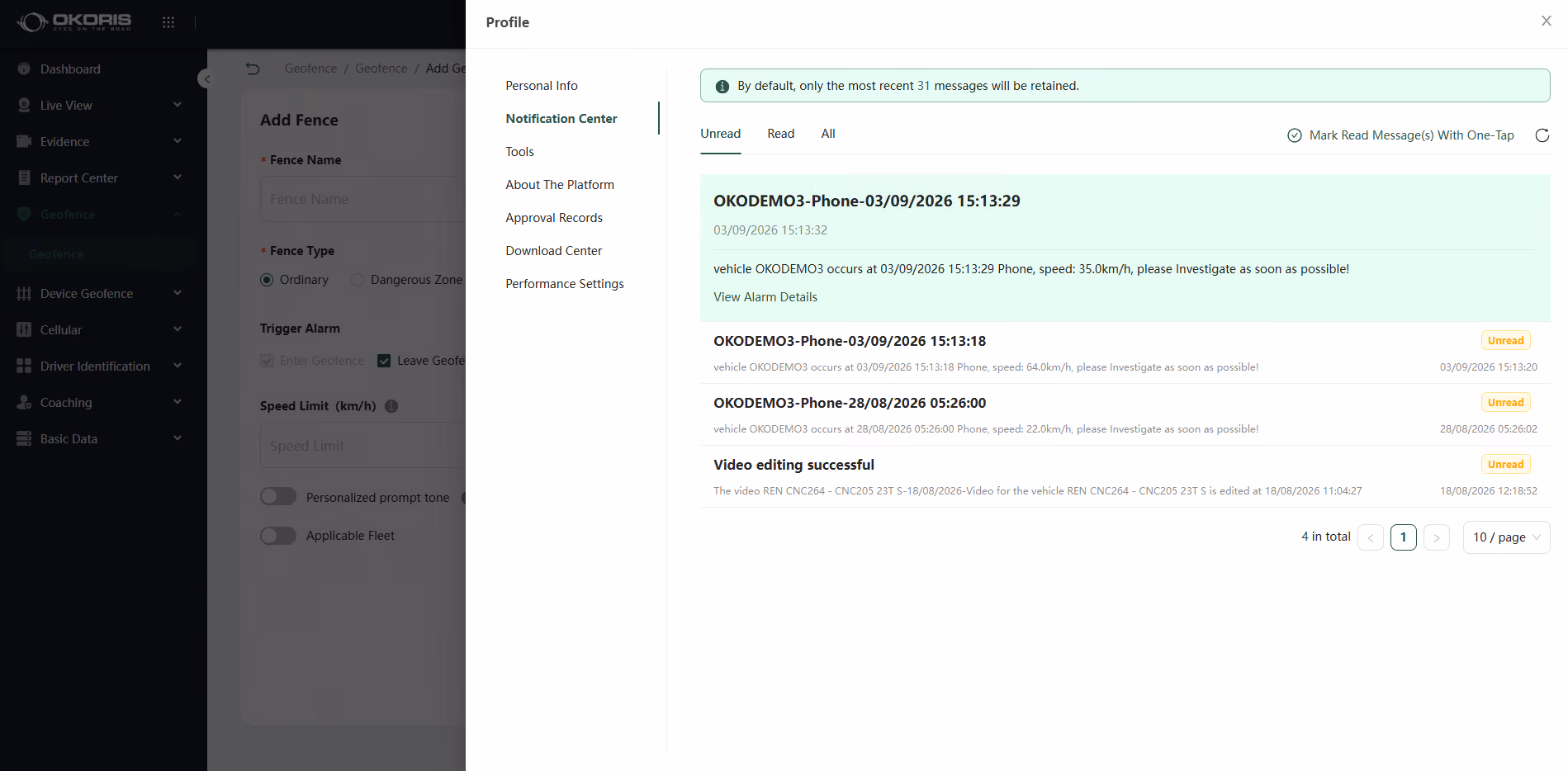 OKORIS notification centre listing unread vehicle alarm messages over the geofence setup screen