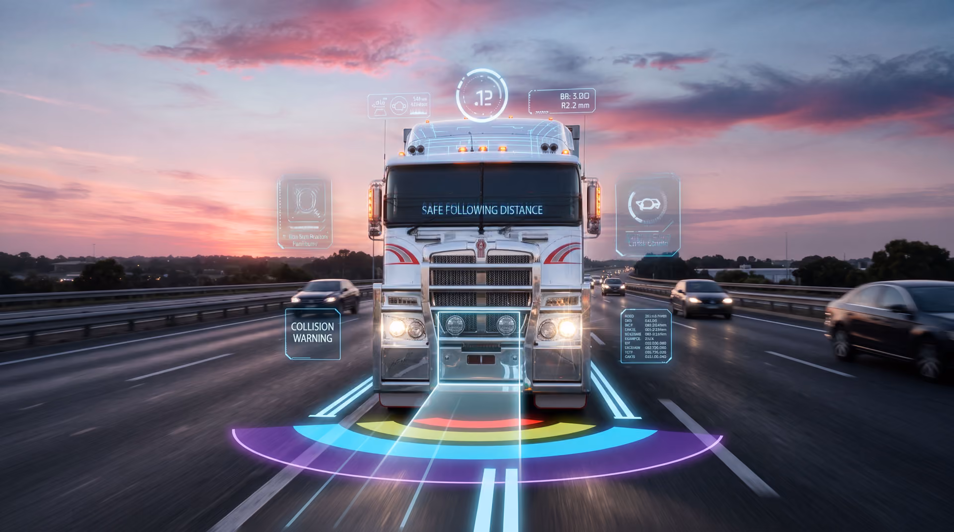 Prime mover on a highway at dusk with overlaid telematics data, collision warning and safe following distance alerts