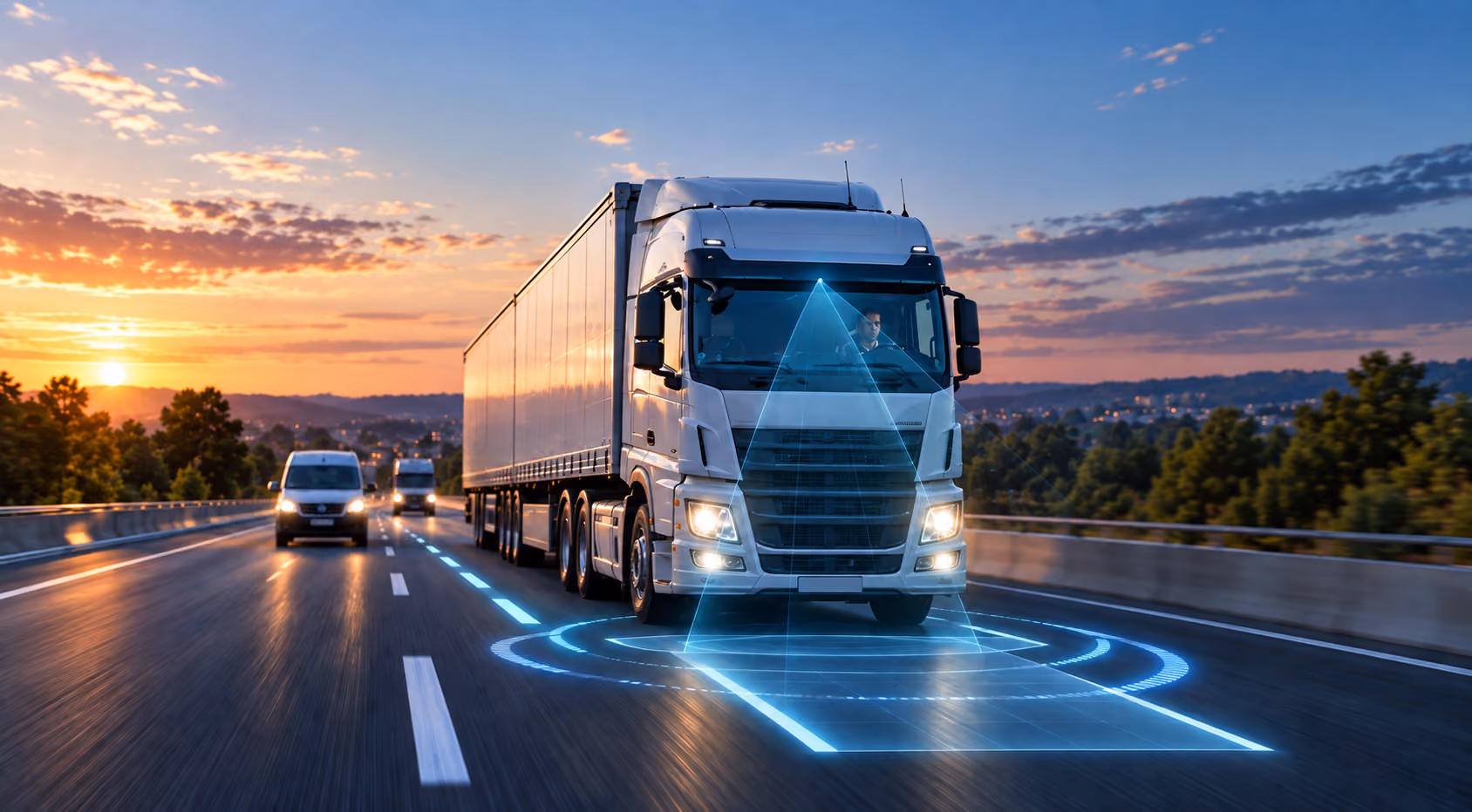 Prime mover on a highway at dusk with a glowing sensor field projected around the vehicle
