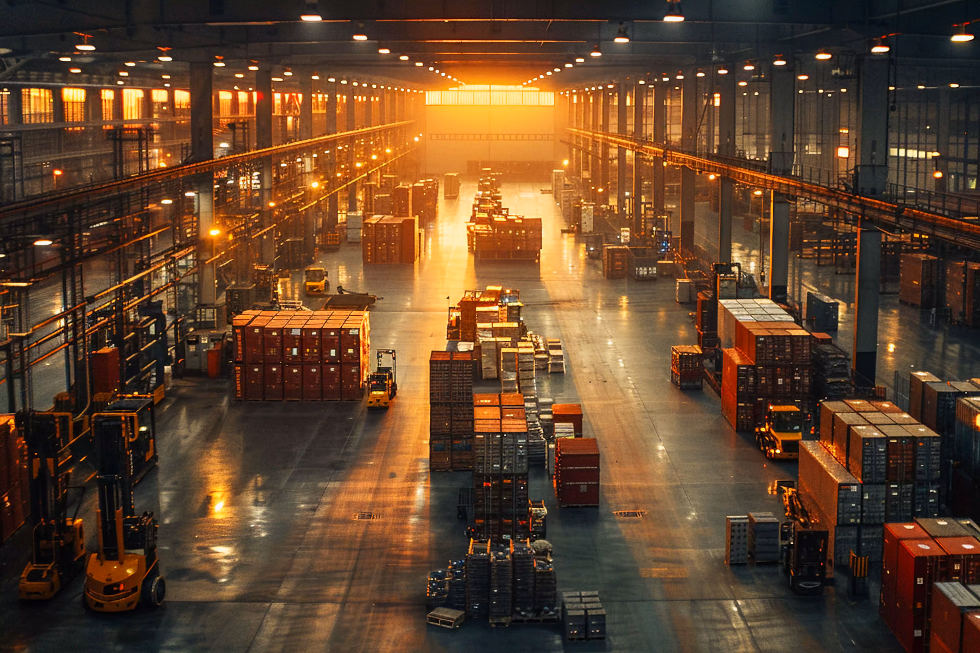 Wide view of a distribution warehouse with forklifts and stacked freight at dusk