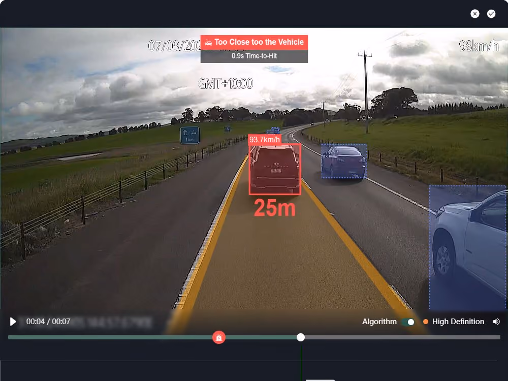 OKORIS alarm playback showing a too close to the vehicle alert with time-to-hit and following distance
