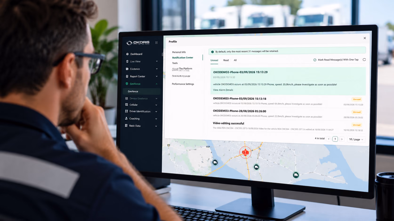 OKORIS notification centre listing real time phone use alerts for a vehicle