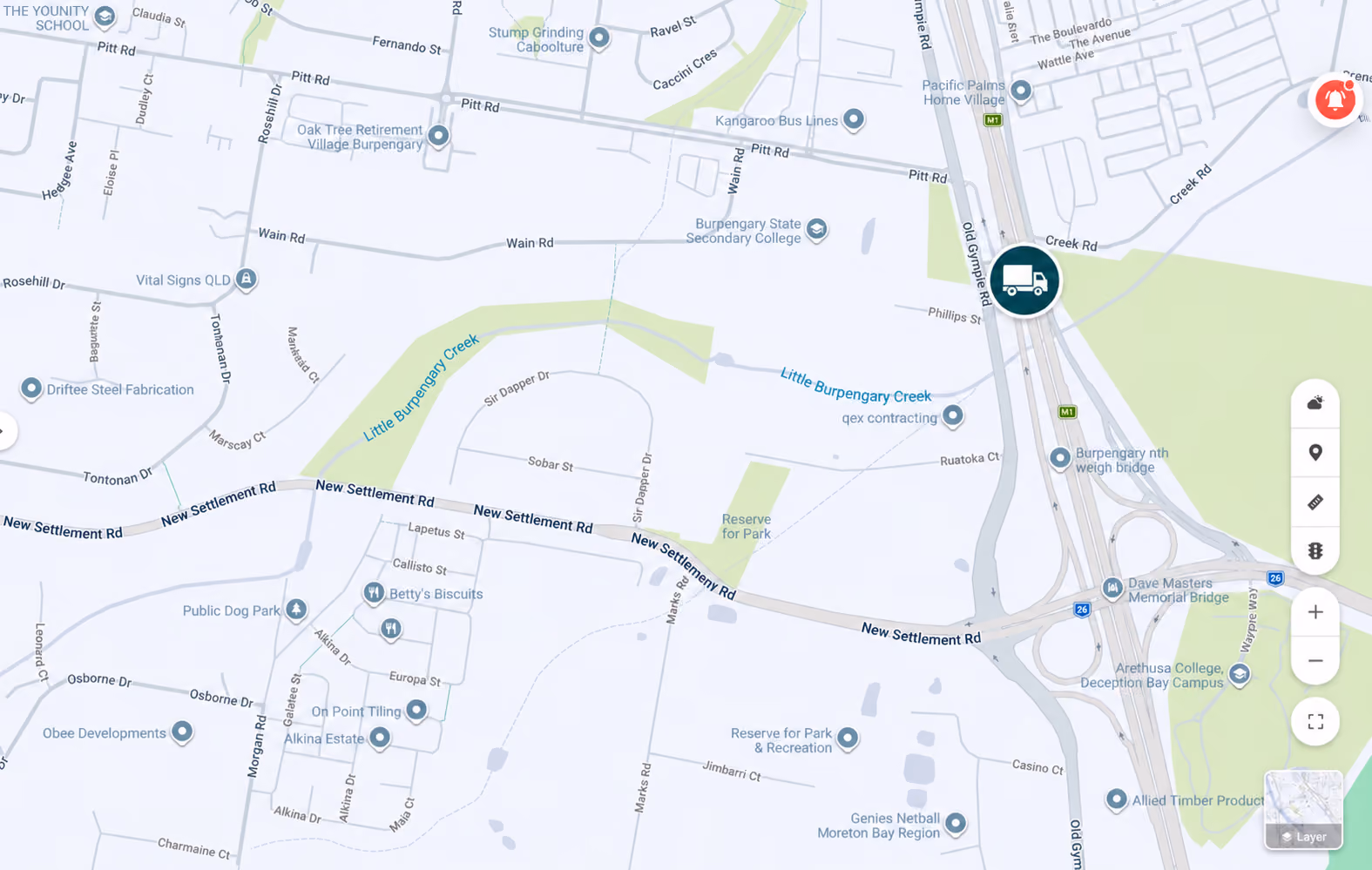OKORIS live view showing fleet vehicles plotted on a street map
