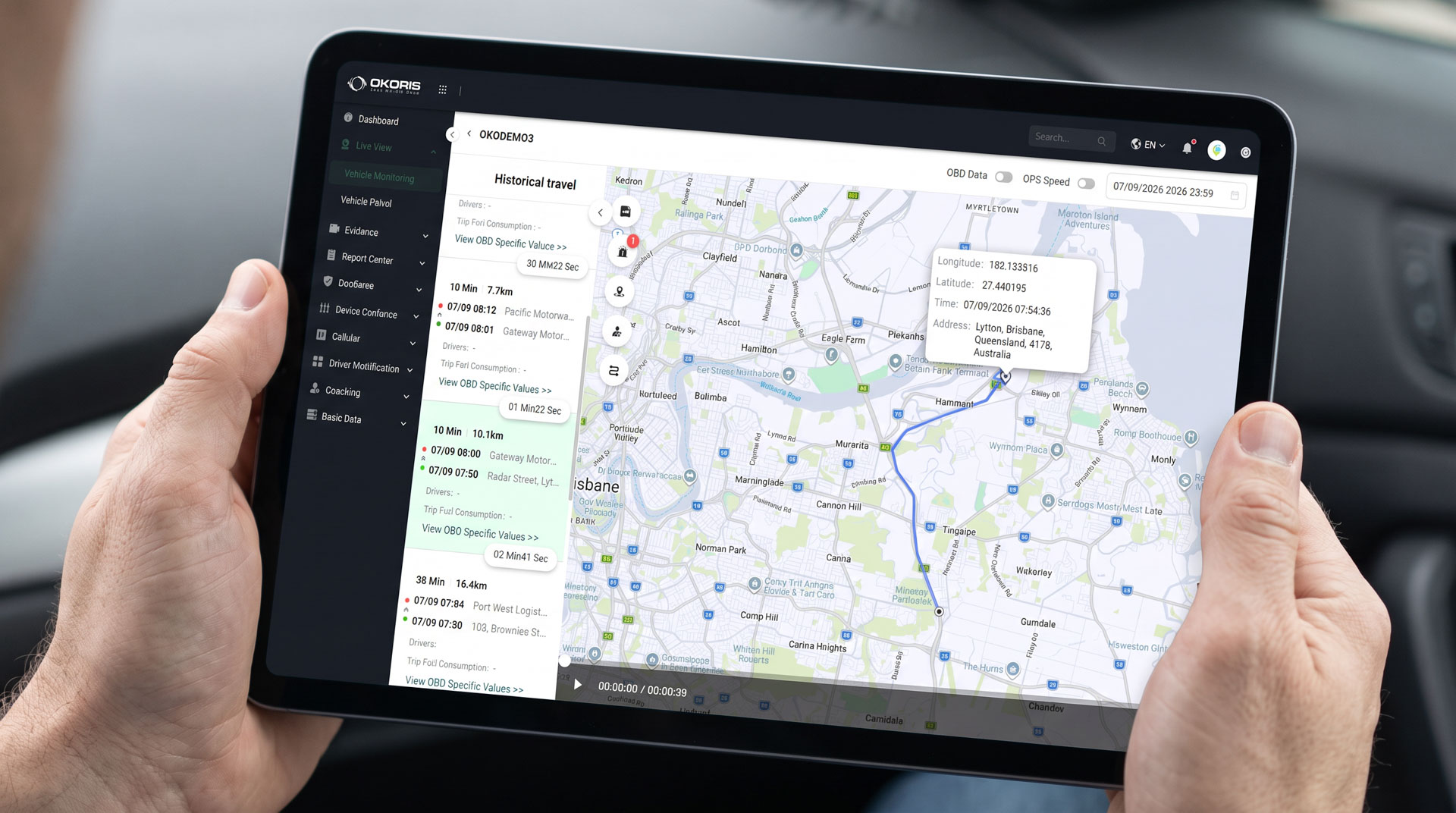 Driver checking work and rest hours on an Electronic Work Diary tablet, showing an in-breach alert