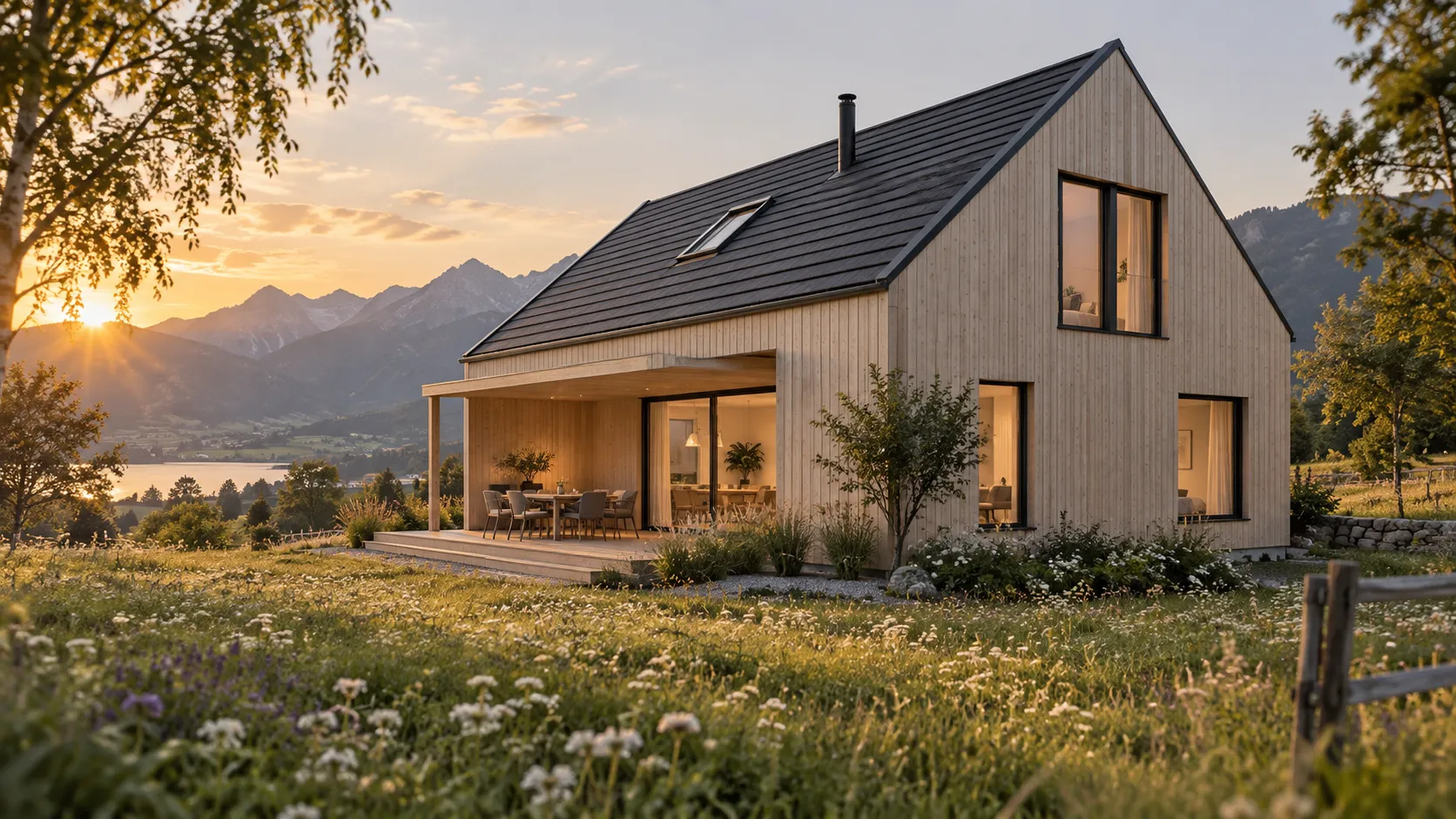 Einfamilienhaus in Holzbauweise mit Satteldach und überdachter Terrasse vor Bergkulisse