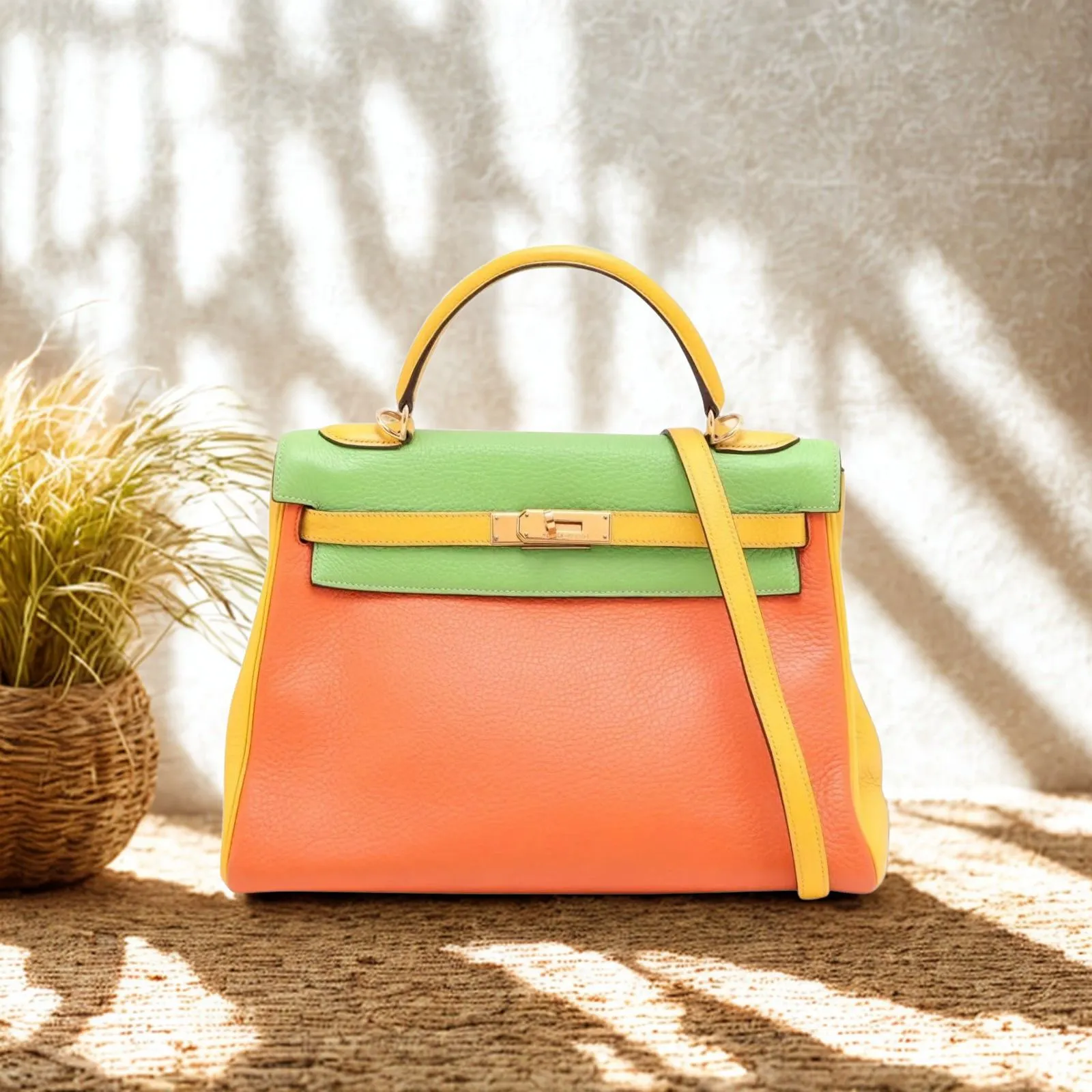 Hermès Kelly in Orange mit grüner Klappe