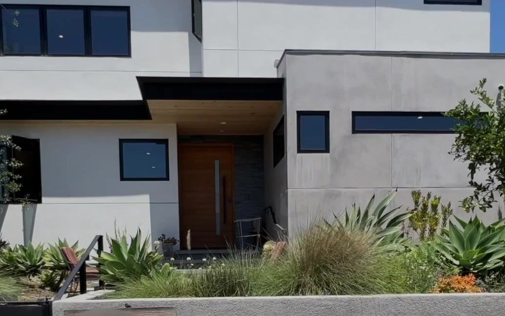 The Modern Monica front: modern two-story exterior with drought-tolerant landscaping.