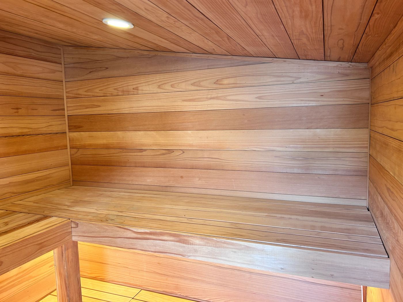 Two-tier redwood benches inside the sauna