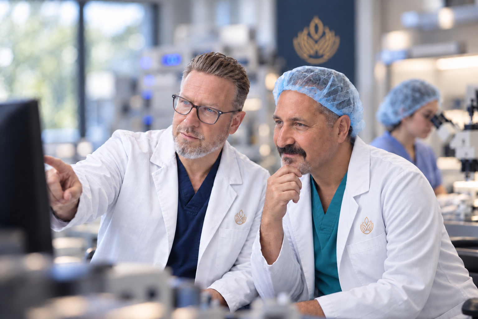 Dr. Joao De Pinho and Dr. Levent Keskintepe collaborating in the RCA Fertility embryology laboratory