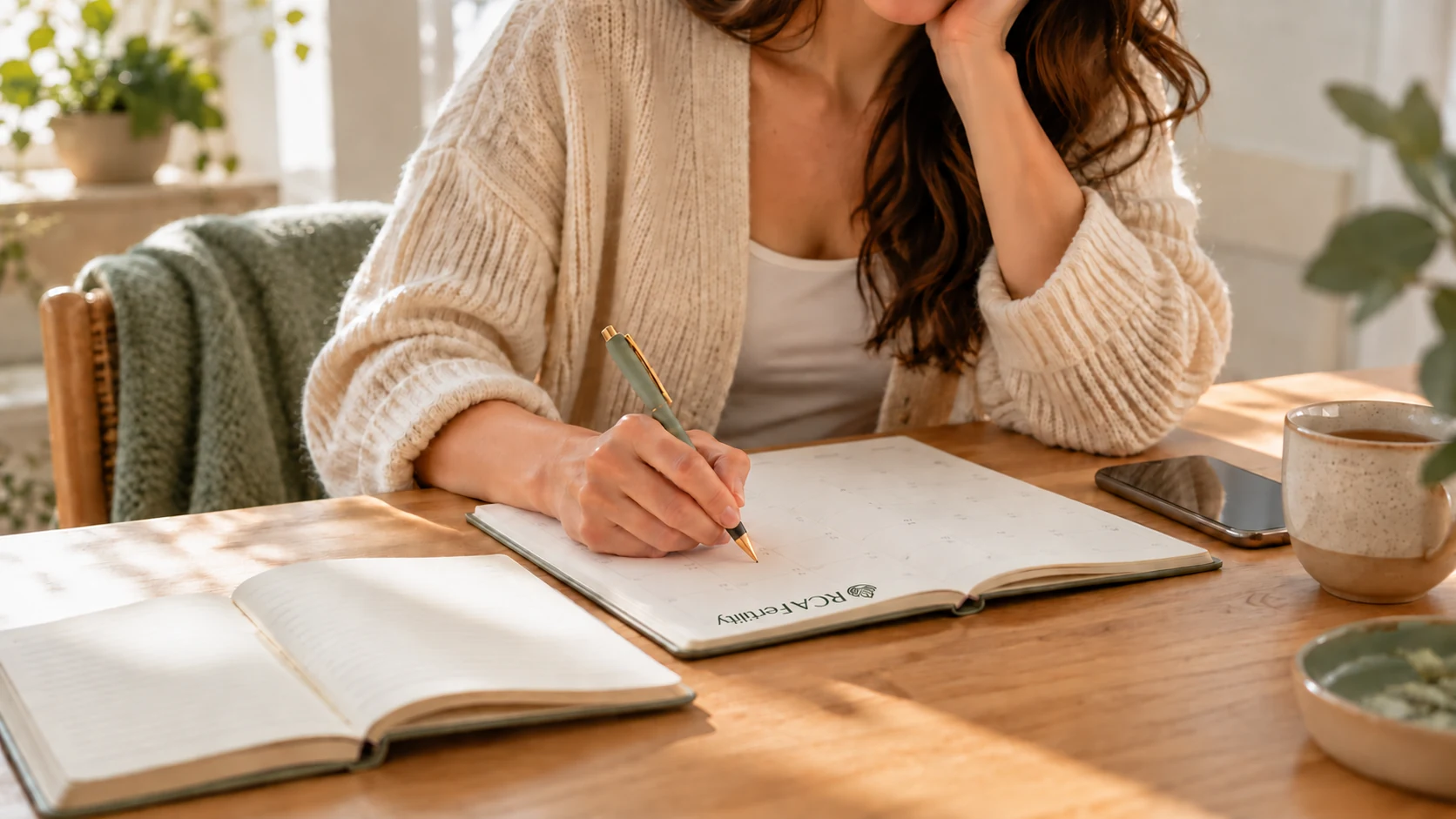 Una mujer planificando en un calendario con el logotipo de RCA Fertility
