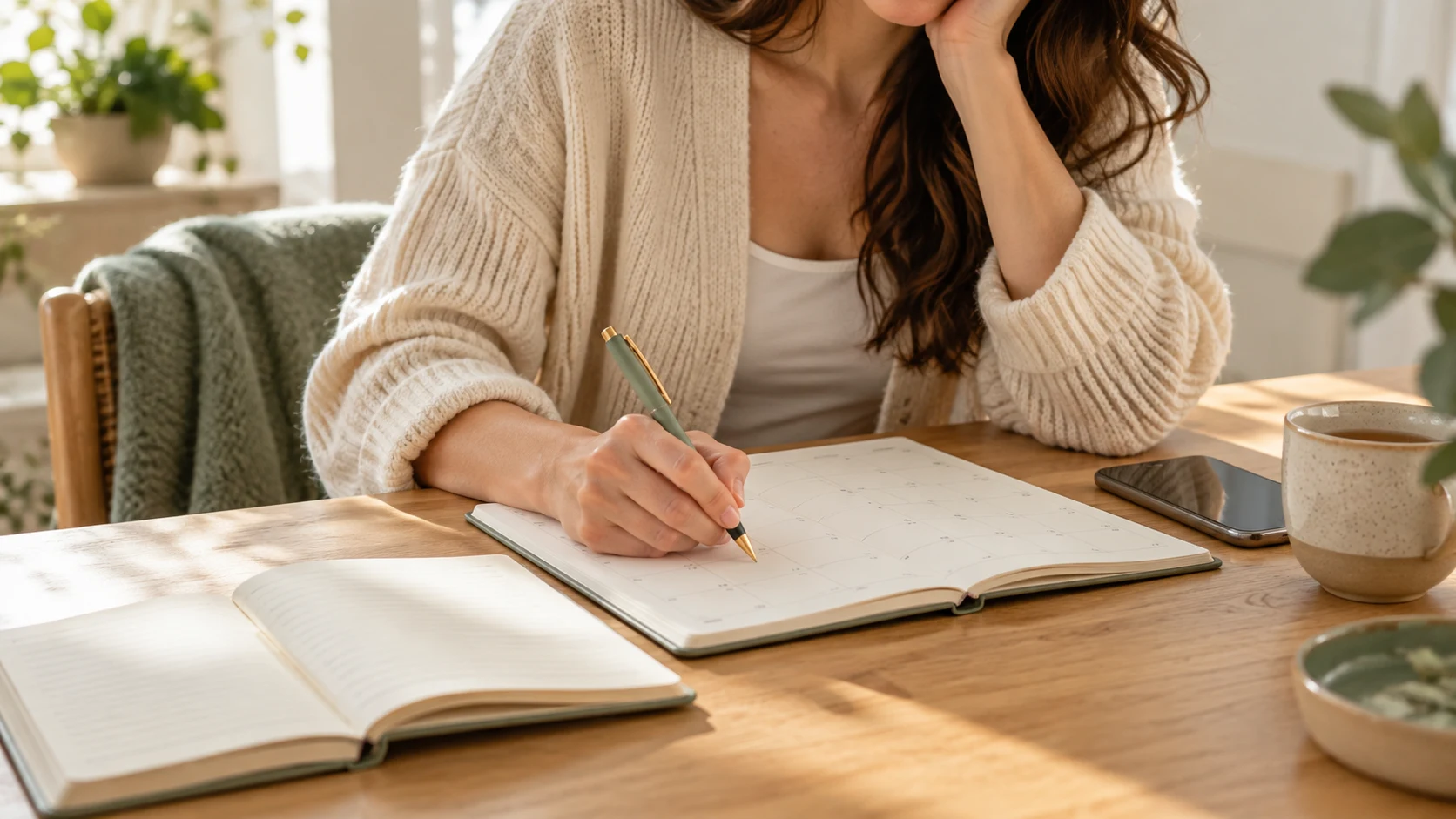 Manos anotando información del ciclo en un calendario y un cuaderno.