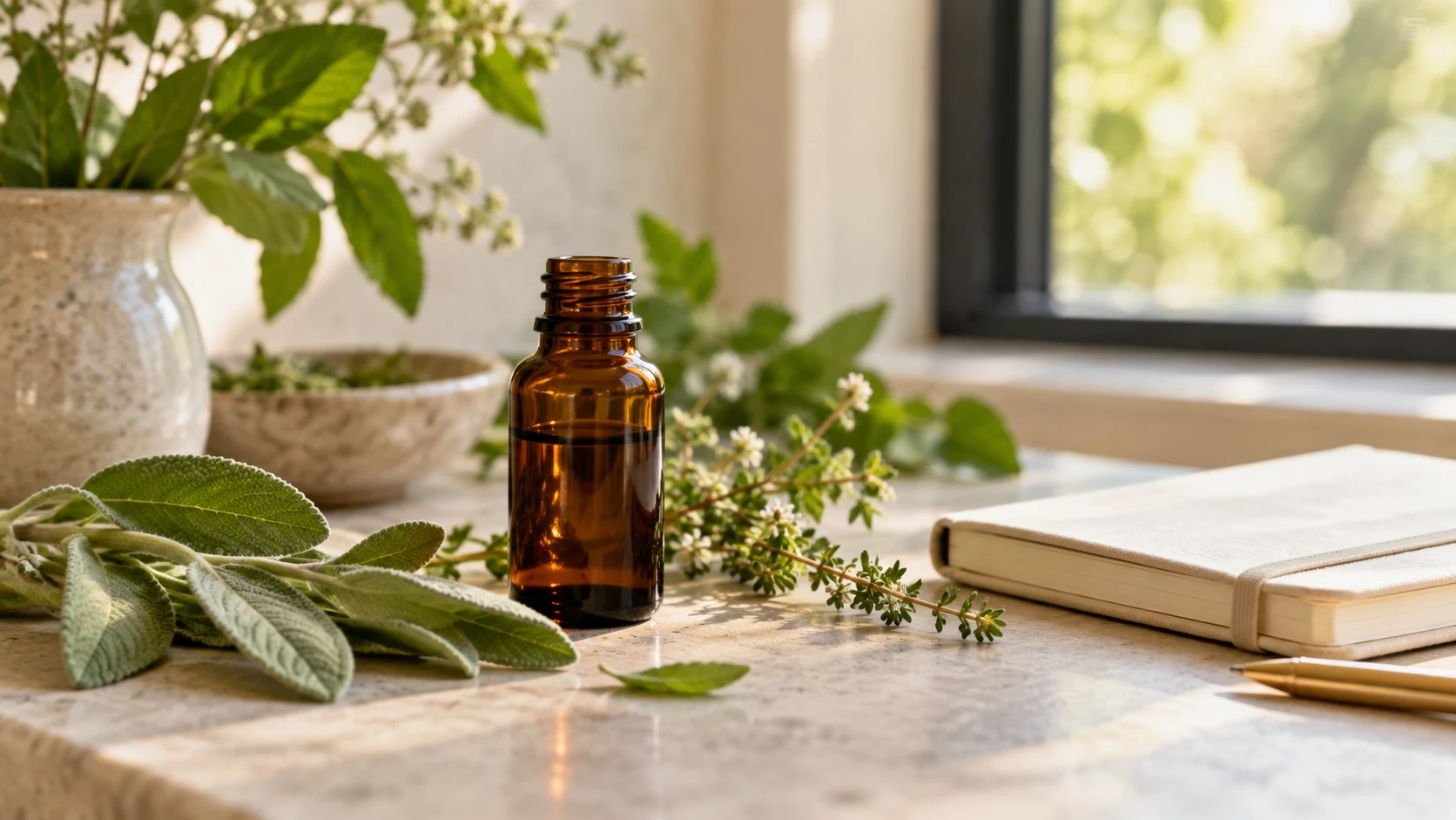 Hojas de plantas y un frasco de color ámbar junto a un cuaderno con luz natural.