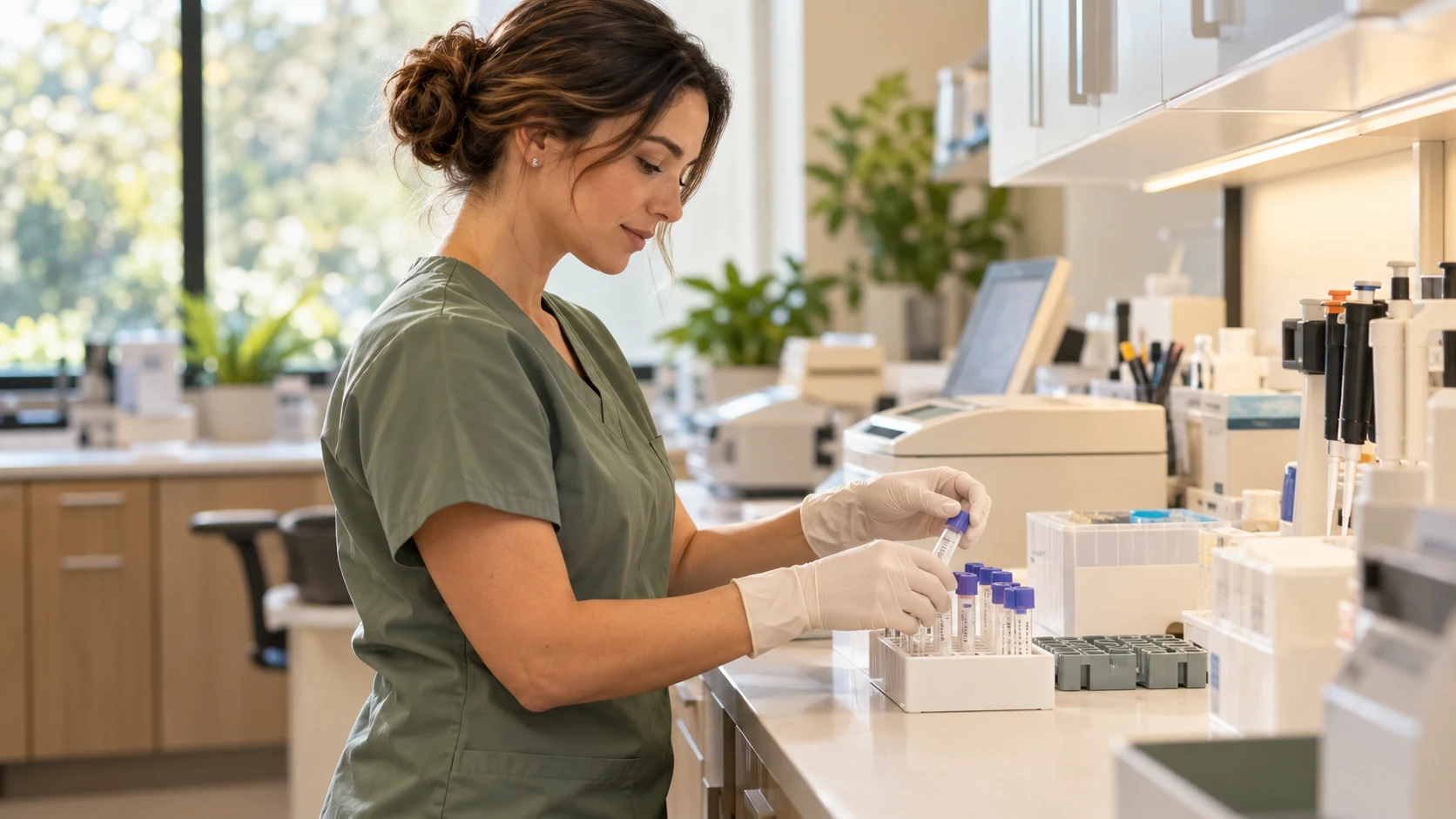 Una técnica de laboratorio preparando tubos de muestras cerrados para pruebas diagnósticas.