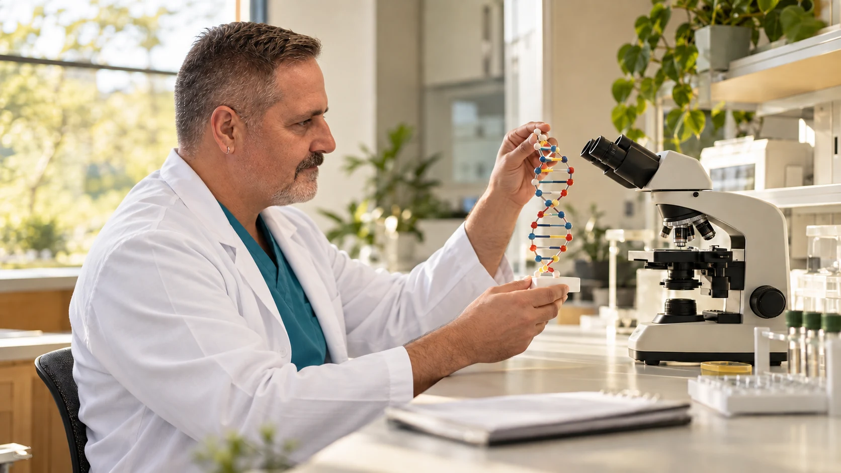 Un profesional de laboratorio examinando un modelo didáctico de ADN junto a equipos de laboratorio.