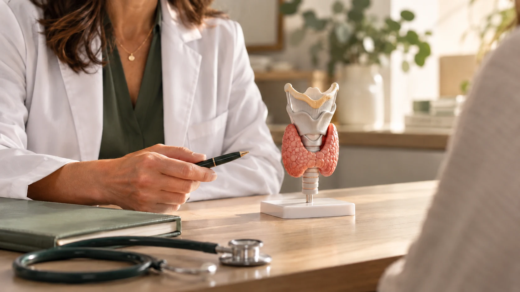 Un modelo didáctico de tiroides sobre la mesa de una consulta de endocrinología.