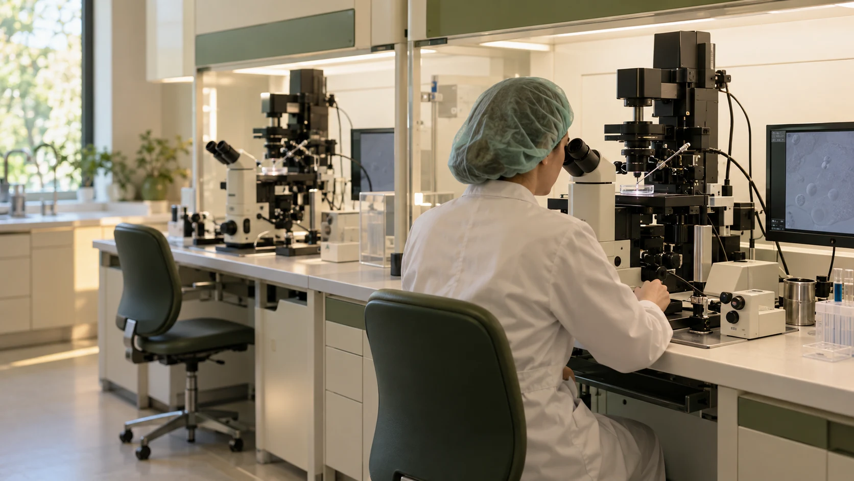 An embryologist working at a microscope in a modern laboratory.