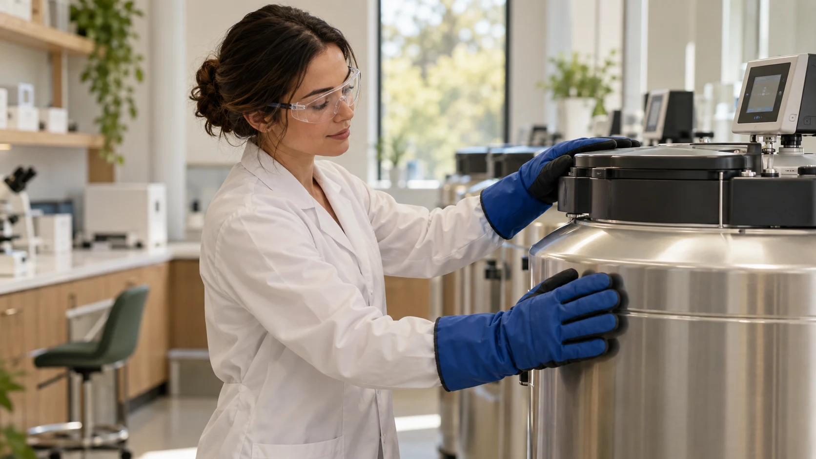 A laboratory professional checking a closed cryostorage vessel.