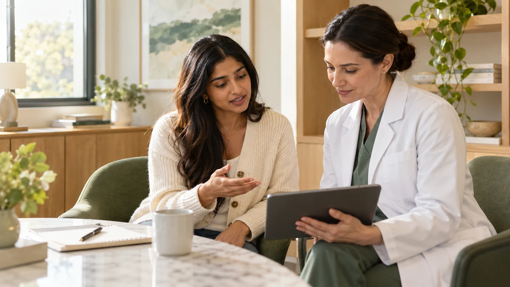 A woman actively discussing her care questions with a physician.
